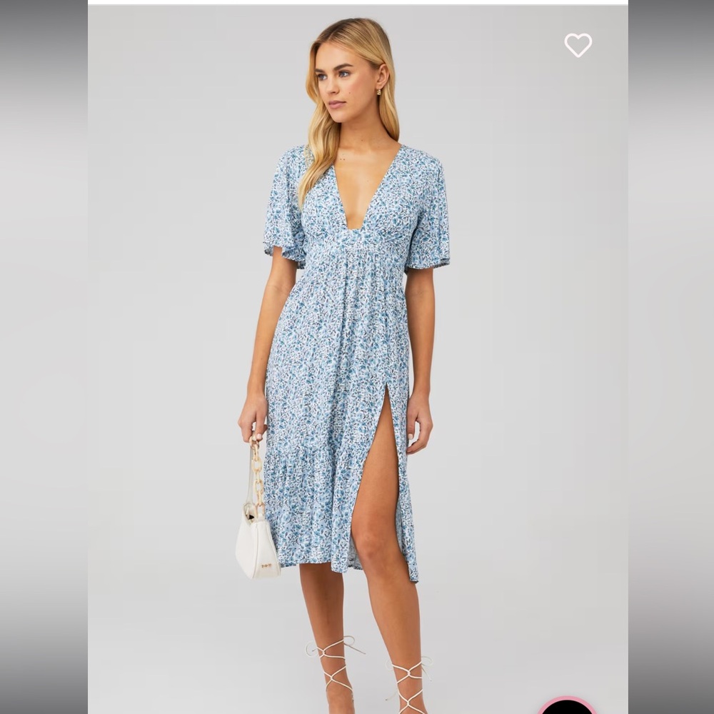 Stillwater Britton Midi Floral Blue Midi Dress with V Neck, Slit and Back Tie